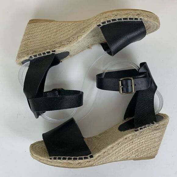 J‎ Crew Black Leather Corsica Ankle Strap Peep-Toe Espadrilles Sz 11 - Picture 5 of 7